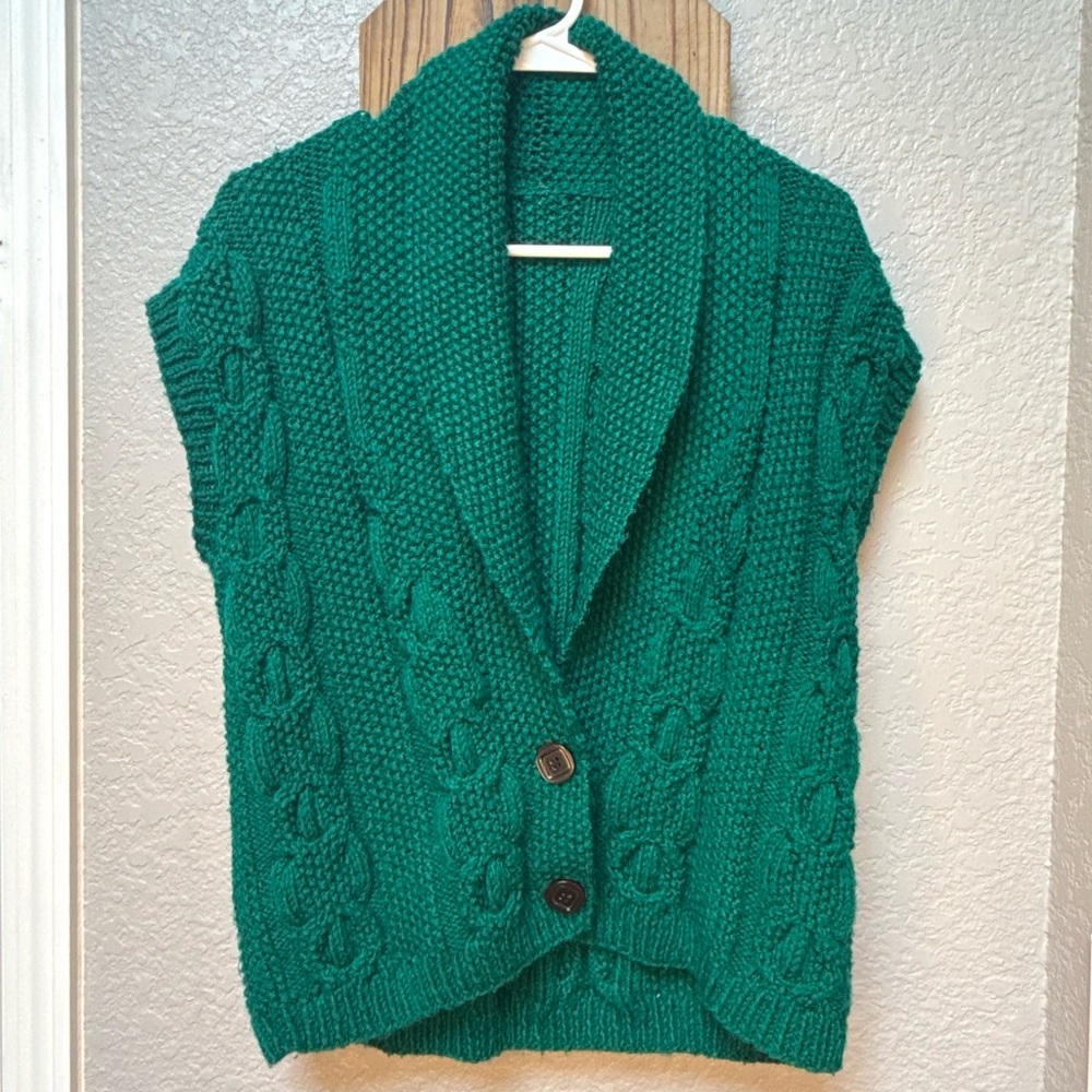 Green Cable Knit Shawl Collar Women's Sweater Vest